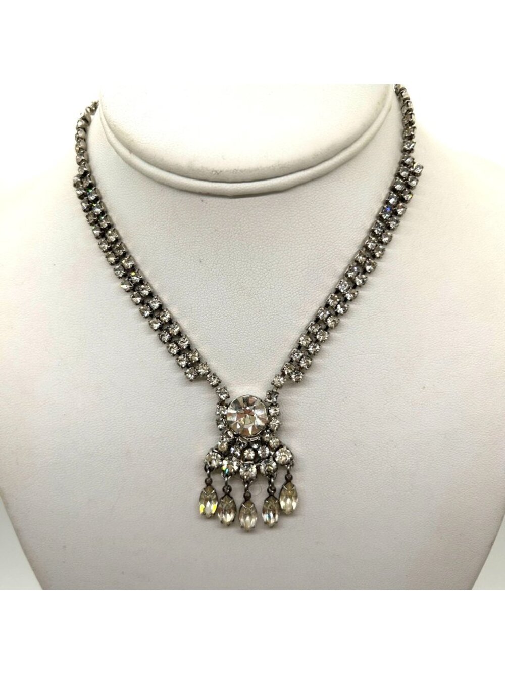 Vintage Rhinestone Waterfall Necklace Silver Choker Wedding Prom Bridal Fringe
